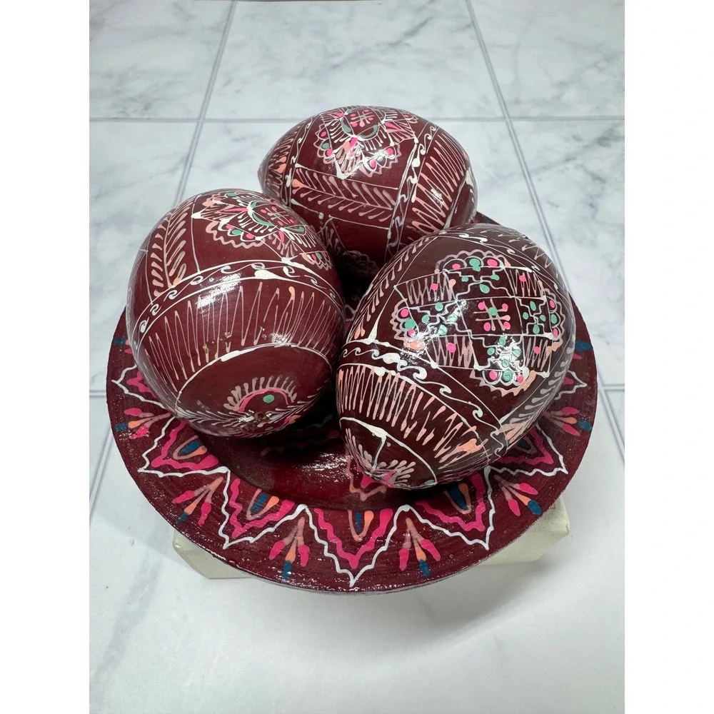 Hand Painted Wooden Easter Egg Set 3 Eggs and Display Plate Burgundy Folk Art